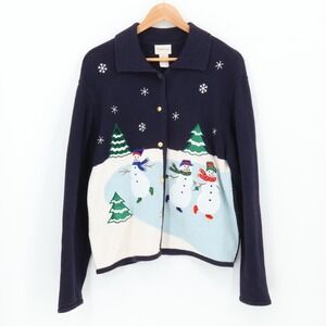 Vintage Snowman Winter Holiday Cardigan‎ Sweater Womens Blue Christmas Size M